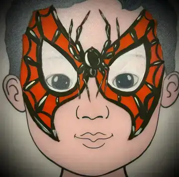 Red spider-themed face painting mask with web details for children's events.